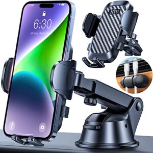 htu cell phone holder for car [upgraded super suction & stable] handsfree car phone holder mount dashboard windshield air vent car mount for iphone 14 13 12 pro max samsung smartphones & car truck