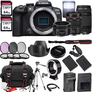 canon eos r10 mirrorless camera w/rf 24-105mm f/4 l is usm lens + ef 75-300mm f/4-5.6 iii lens + ef 50mm f/1.8 stm lens + 2x 64gb memory + hood + case + filters + tripod & more (35pc bundle)