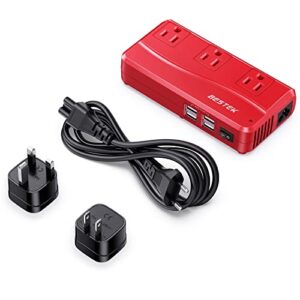bestek universal travel adapter 220v to 110v voltage converter with 6a 4-port usb charging and uk/au/us/eu worldwide plug adapter (red)
