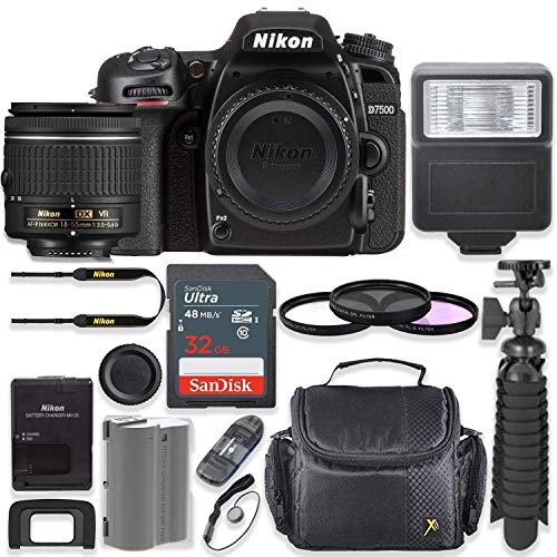 Nikon D7500 20.9MP DSLR Camera with AF-P 18-55mm VR Lens Kit + 32 GB Sandisk Memory Card + Digital Slave Flash + Spider Flexible Tripod + Gadget Bag + Starter Accessory Kit (Renewed)