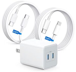 【2023 new】 40w usb-c wall charger, [mfi certified] dual port 20w pd 3.0 usb type c fast charging block plug adapter with 2x6ft charging cable for iphone 14 13 12 11 pro max, ipad pro, samsung galaxy
