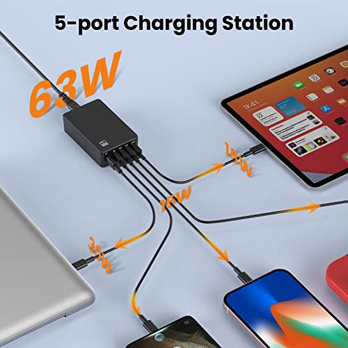 USB Charging Station, 63W PD3.0 & QC3.0 Fast Desktop USB C Charger Station with 5-Port Multi USB Charger Wall Charger Compatible with iPhone 13 Pro Max/12 Mini/MacBook Pro/iPad/AirPods/Galaxy1