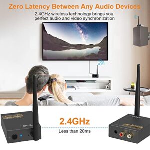 YMOO 2.4Ghz Wireless Audio Transmitter Receiver for TV,192kHz/24bit HiFi Audio,20ms Ultra Low Latency,320ft Long Range RCA Jack Wireless Adapter for Active Subwoofer/Speaker to TV/PC/CD Player