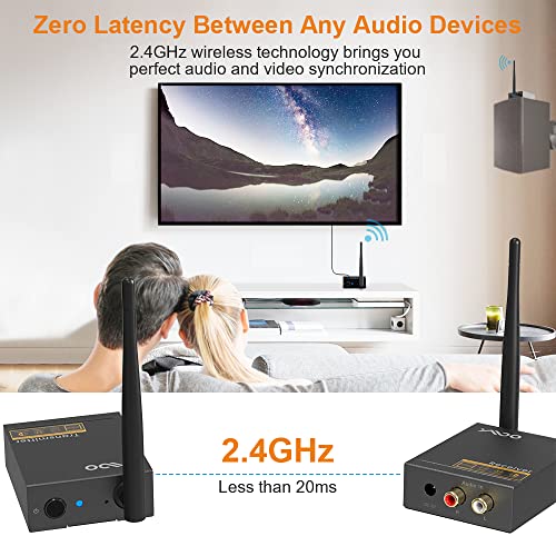 YMOO 2.4Ghz Wireless Audio Transmitter Receiver for TV,192kHz/24bit HiFi Audio,20ms Ultra Low Latency,320ft Long Range RCA Jack Wireless Adapter for Active Subwoofer/Speaker to TV/PC/CD Player