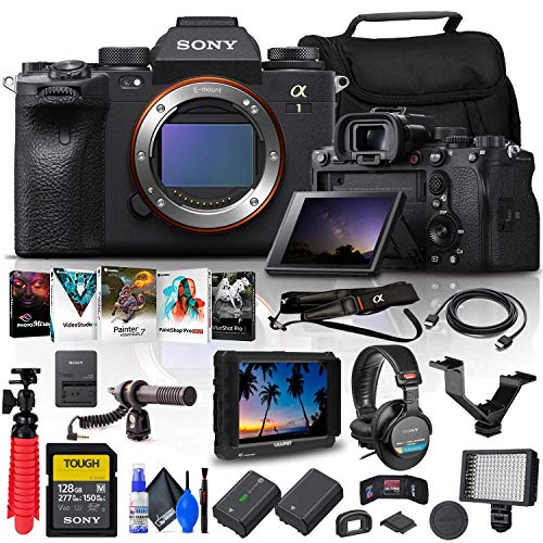 Sony Alpha 1 Mirrorless Digital Camera (Body Only) (ILCE-1/B) + 4K Monitor + Pro Headphones + 128GB Tough Memory Card + Pro Mic + Corel Photo Software + NP-FZ100 Compatible Battery + More (Renewed)