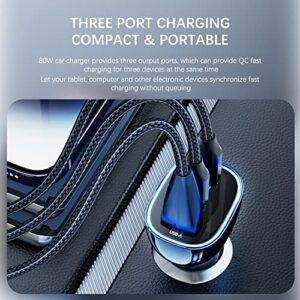 80W Car Charger, 3-Port Super Fast Car Charger USB Adapter Fast Charging, PD3.0 &QC3.0 Type C Car Charger Cigarette Lighter USB Charger for iPhone 14/13/12 Pro Max/Pro/Samsung Galaxy 22/Google Pixel