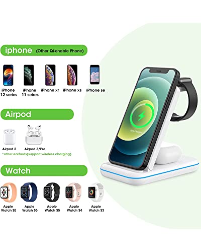 Wireless Charger for Multiple Apple Devices, 2022 Upgraded 3 in 1 Charging Stand Dock for iPhone 13/12/Pro Max/SE/11/X/XS/XR/8, Compatible for iWatch Apple Watch 6/5/4/3/2/SE AirPods Pro/2(White)