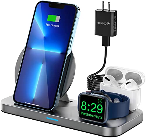 [2023 New] 3 in 1 Wireless Charging Station for Apple Multiple Devices, Foldable Charger Stand for iWatch Series 8/7/6/SE/5/4/3/2, Charging Dock Stand for iPhone AirPods Pro 3/2/1 with 18W Adapter