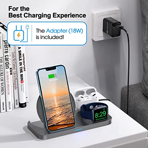 [2023 New] 3 in 1 Wireless Charging Station for Apple Multiple Devices, Foldable Charger Stand for iWatch Series 8/7/6/SE/5/4/3/2, Charging Dock Stand for iPhone AirPods Pro 3/2/1 with 18W Adapter