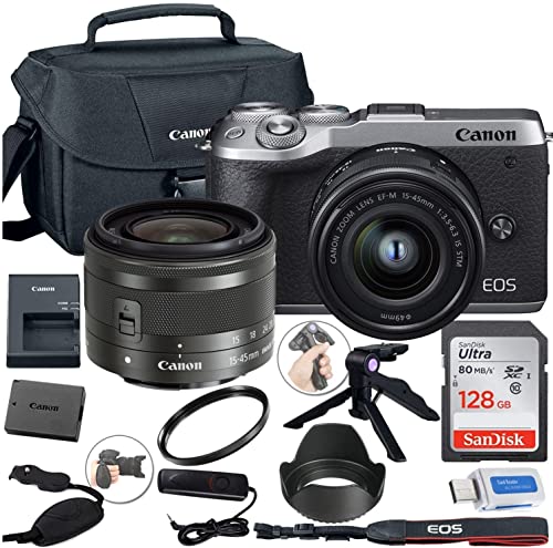 Canon EOS M6 Mark II Mirrorless Digital Camera (Silver) with 15-45mm Lens + Shoulder Bag + 128GB Sandisk Memory Card + Grip Steady Tripod + Lens Tulip Hood & More.