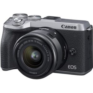 Canon EOS M6 Mark II Mirrorless Digital Camera (Silver) with 15-45mm Lens + Shoulder Bag + 128GB Sandisk Memory Card + Grip Steady Tripod + Lens Tulip Hood & More.