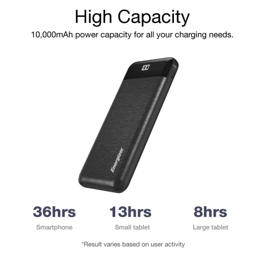 Energizer New Power Bank with LCD Indicator｜ 10000mAh Capacity Lithium Polymer｜ 2.1A High-Speed Charging｜ Dual Outputs｜Compatible with iPhone, Samsung, Tablet, and More.｜UE10058