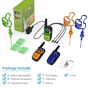 Walkie Talkies 3 Pack, Rechargeable Easy to Use Family Walky Talky Long Range 2 Way Radio Gift with NOAA Weather Channel Micro-USB Charger/Battery/Lanyard Hiking Camping Trip