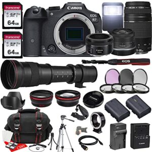 canon eos r7 mirrorless camera w/rf-s 18-45mm f/4.5-6.3 is stm + ef 75-300mm f/4-5.6 iii + ef 50mm f/1.8 stm + 420-800mm f/8.3 hd lenses, 2x 64gb memory, case, filters, tripod & more (35pc bundle)