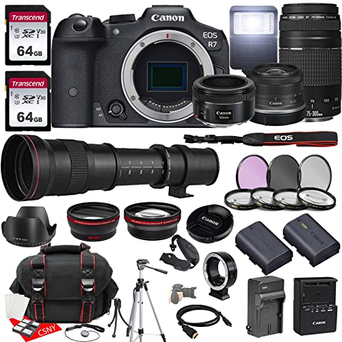 Canon EOS R7 Mirrorless Camera w/RF-S 18-45mm f/4.5-6.3 is STM + EF 75-300mm f/4-5.6 III + EF 50mm f/1.8 STM + 420-800mm f/8.3 HD Lenses, 2X 64GB Memory, Case, Filters, Tripod & More (35pc Bundle)