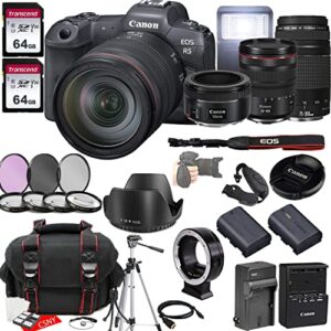 canon eos r5 mirrorless camera w/rf 24-105mm f/4 l is usm lens + ef 75-300mm f/4-5.6 iii lens + ef 50mm f/1.8 stm lens + 2x 64gb memory + hood + case + filters + tripod + more (35pc bundle)