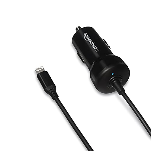 Amazon Basics 12W (5V, 2.4A) Car Charger with Lightning Cable (Coiled) for iPhone and Apple Devices, 1.5 ft - Black