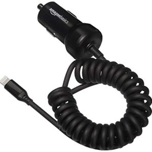 Amazon Basics 12W (5V, 2.4A) Car Charger with Lightning Cable (Coiled) for iPhone and Apple Devices, 1.5 ft - Black
