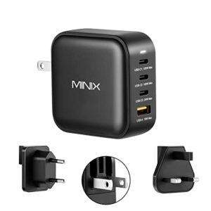 minix neo p3 100w turbo 4-ports gan wall charger, 3 x usb-c port fast charging adapter(max 100w/20w), 1 usb-a (max 18w). compatible with macbook pro air, ipad pro, iphone 13,12,galaxy s9 and more.