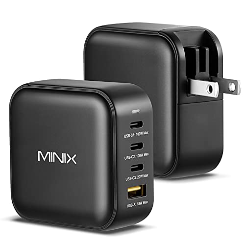 MINIX NEO P3 100W Turbo 4-Ports GaN Wall Charger, 3 x USB-C Port Fast Charging Adapter(Max 100W/20W), 1 USB-A (Max 18W). Compatible with MacBook Pro Air, iPad Pro, iPhone 13,12,Galaxy S9 and More.