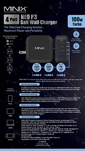 MINIX NEO P3 100W Turbo 4-Ports GaN Wall Charger, 3 x USB-C Port Fast Charging Adapter(Max 100W/20W), 1 USB-A (Max 18W). Compatible with MacBook Pro Air, iPad Pro, iPhone 13,12,Galaxy S9 and More.