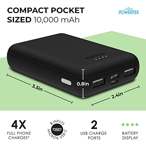 LIQUIPEL Powertek Power Bank, Compact Portable Phone Charger, Battery Bank 10000 mAh, Micro USB & USB Type C Inputs, Fast Charging Dual USB Outputs