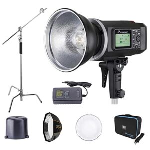 flashpoint xplor 600 hss r2 battery powered studioflash strobelight photography kit w/built-in r2 2.4ghz, bowens mount, 600ws, 8700mah battery, bundle w/c-stand and ez lock 36″ octabox