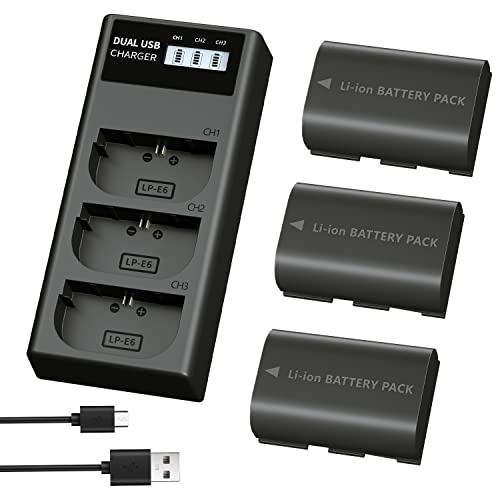 LP-E6 LP E6N Battery Charger Pack, LP 3-Pack Battery & Triple Slot Charger Compatible with Canon EOS 90D, 80D, 70D, 60D, 60DA, 7D Mark II, 7D, 6D Mark II, 6D, 5D Mark IV, 5D Mark III, 5D Mark II, R,R5