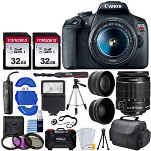 canon eos rebel t7 digital slr camera with 18-55mm ef-s f/3.5-5.6 is ii lens + 58mm wide angle lens + 2x telephoto lens + flash + 2x 32gb sd cards + 3 piece filter kit + tripod + full accessory bundle