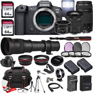canon eos r5 mirrorless camera w/rf 24-105mm f/4-7.1 is stm + ef 75-300mm f/4-5.6 iii + ef 50mm f/1.8 stm + 420-800mm f/8.3 hd lenses + 2x 64gb memory, hood, case, filters, tripod & more (35pc bundle)