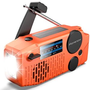 (upgraded version) ironsnow emergency solar hand crank radio, portable noaa weather radio with wb/am/fm, headphone jack, led flashlight, 2000mah power bank usb phone charger and sos alarm (orange)
