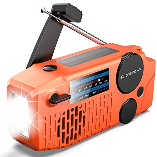 (Upgraded Version) iRonsnow Emergency Solar Hand Crank Radio, Portable NOAA Weather Radio with WB/AM/FM, Headphone Jack, LED Flashlight, 2000mAh Power Bank USB Phone Charger and SOS Alarm (Orange)