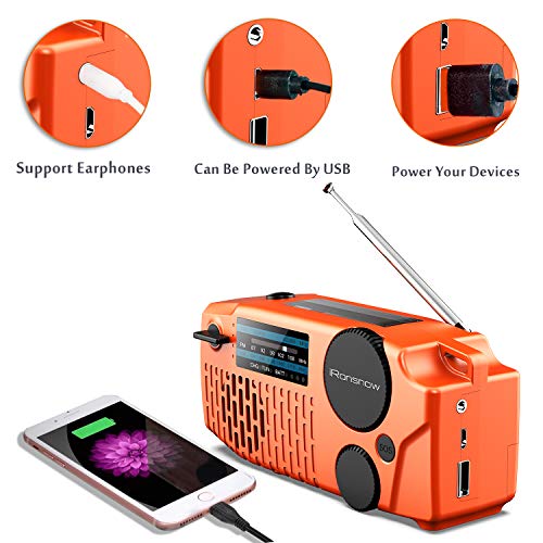 (Upgraded Version) iRonsnow Emergency Solar Hand Crank Radio, Portable NOAA Weather Radio with WB/AM/FM, Headphone Jack, LED Flashlight, 2000mAh Power Bank USB Phone Charger and SOS Alarm (Orange)