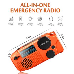 (Upgraded Version) iRonsnow Emergency Solar Hand Crank Radio, Portable NOAA Weather Radio with WB/AM/FM, Headphone Jack, LED Flashlight, 2000mAh Power Bank USB Phone Charger and SOS Alarm (Orange)