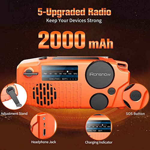 (Upgraded Version) iRonsnow Emergency Solar Hand Crank Radio, Portable NOAA Weather Radio with WB/AM/FM, Headphone Jack, LED Flashlight, 2000mAh Power Bank USB Phone Charger and SOS Alarm (Orange)