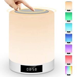 upgraded night light bluetooth speaker, portable wireless speaker touch control bedside lamp, alarm clock, fm radio, dimmable warm night light & colorful lights, ideal for gift and home decor