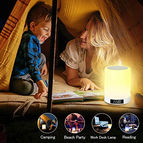 Upgraded Night Light Bluetooth Speaker, Portable Wireless Speaker Touch Control Bedside Lamp, Alarm Clock, FM Radio, Dimmable Warm Night Light & Colorful Lights, Ideal for Gift and Home Decor