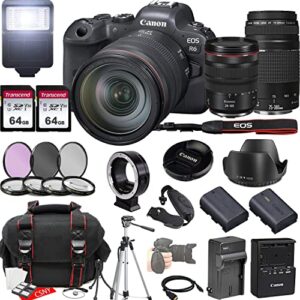 Canon EOS R6 Mirrorless Camera w/RF 24-105mm f/4 L is USM Lens + 75-300mm F/4-5.6 III Lens + 2X 64GB Memory + Hood + Case + Filters + Tripod + More (35pc Bundle)