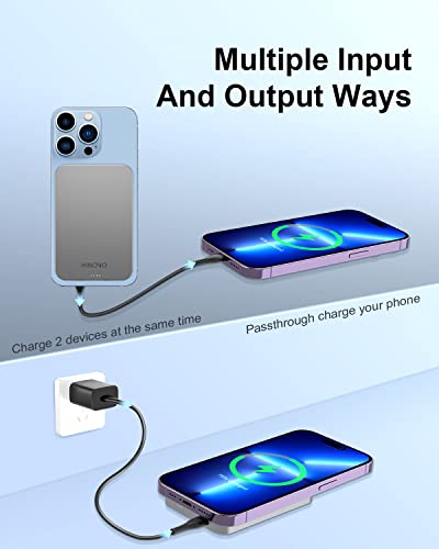 HINOVO Magnetic Power Bank 5000mAh Portable Charger iPhone Compatible for Magsafe 0.35” Battery Pack PD 20W & 15W Wireless Charger for iPhone 14/13/12 Series, Metal Design & Graphene Heat Dissipation