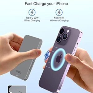 HINOVO Magnetic Power Bank 5000mAh Portable Charger iPhone Compatible for Magsafe 0.35” Battery Pack PD 20W & 15W Wireless Charger for iPhone 14/13/12 Series, Metal Design & Graphene Heat Dissipation