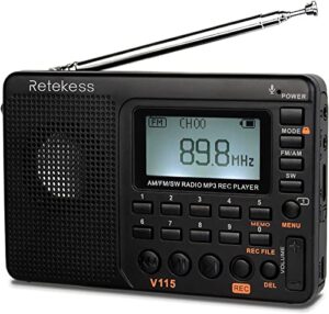 retekess v115 digital radio am fm, portable shortwave radios, rechargeable radio digital tuner and presets, support micro sd and aux record, bass speaker