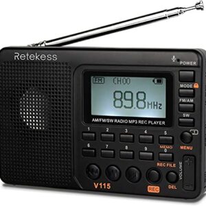 Retekess V115 Digital Radio AM FM, Portable Shortwave Radios, Rechargeable Radio Digital Tuner and Presets, Support Micro SD and AUX Record, Bass Speaker