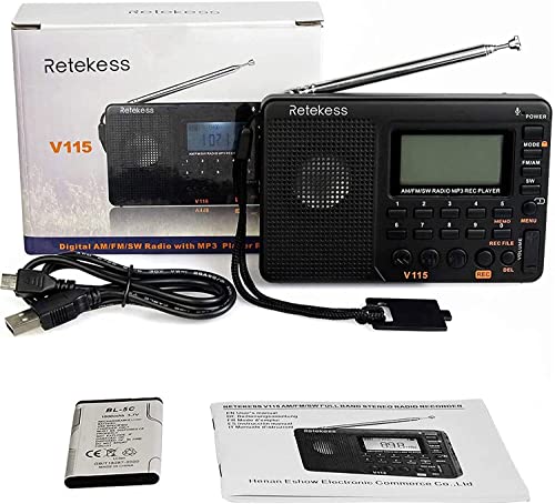 Retekess V115 Digital Radio AM FM, Portable Shortwave Radios, Rechargeable Radio Digital Tuner and Presets, Support Micro SD and AUX Record, Bass Speaker