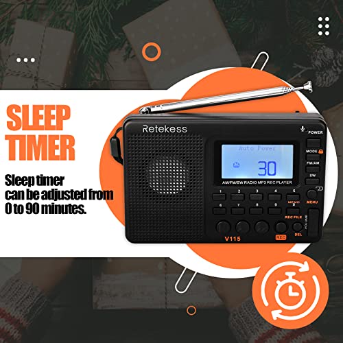 Retekess V115 Digital Radio AM FM, Portable Shortwave Radios, Rechargeable Radio Digital Tuner and Presets, Support Micro SD and AUX Record, Bass Speaker