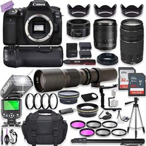 canon eos 90d dslr camera w/ 18-135mm lens bundle + canon 75-300mm iii lens, canon 50mm f/1.8 & 500mm preset lens + case + 96gb memory + battery grip + speedlight flash + professional bundle (renewed)