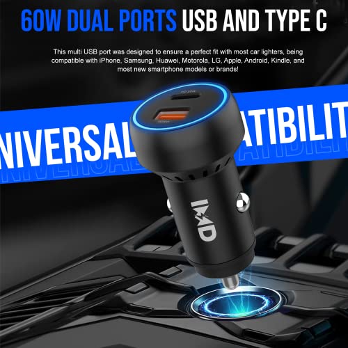 USB Type-C Car and USB Charger Car Accessories – 60W Dual Ports Type-C Cell Phone and USB Charger – Lighter USB Charger Compatible with iPhone, Samsung, Tablet – Fast Charge and Reliable Connection