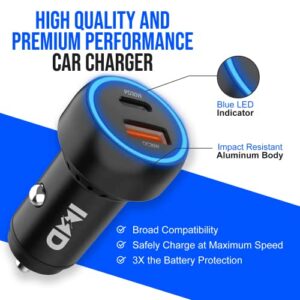 USB Type-C Car and USB Charger Car Accessories – 60W Dual Ports Type-C Cell Phone and USB Charger – Lighter USB Charger Compatible with iPhone, Samsung, Tablet – Fast Charge and Reliable Connection