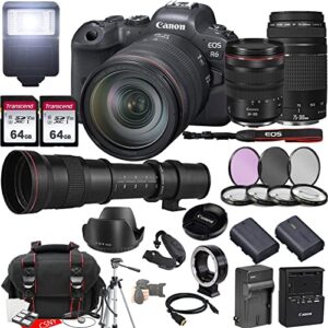 canon eos r6 mirrorless camera w/rf 24-105mm f/4 l is usm lens + 75-300mm f/4-5.6 iii lens + 420-800mm f/8.3 hd manual telephoto lens + 2x 64gb memory, hood, case, filters, tripod, more (35pc bundle)
