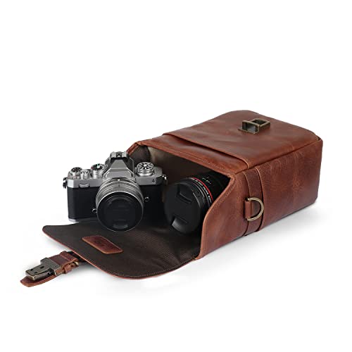 MegaGear Genuine Leather Camera Messenger Bag for Mirrorless, Instant and DSLR, Brown (MG1329)