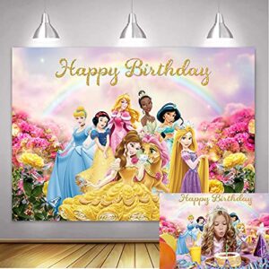 Betta Princess Happy Birthday Backdrop Colorful Rainbow Flowers Photo Backdrop Cartoon Fairy Tale Little Girl Princess Birthday Party Background Multicolor Glitter Photography Background 7x5ft